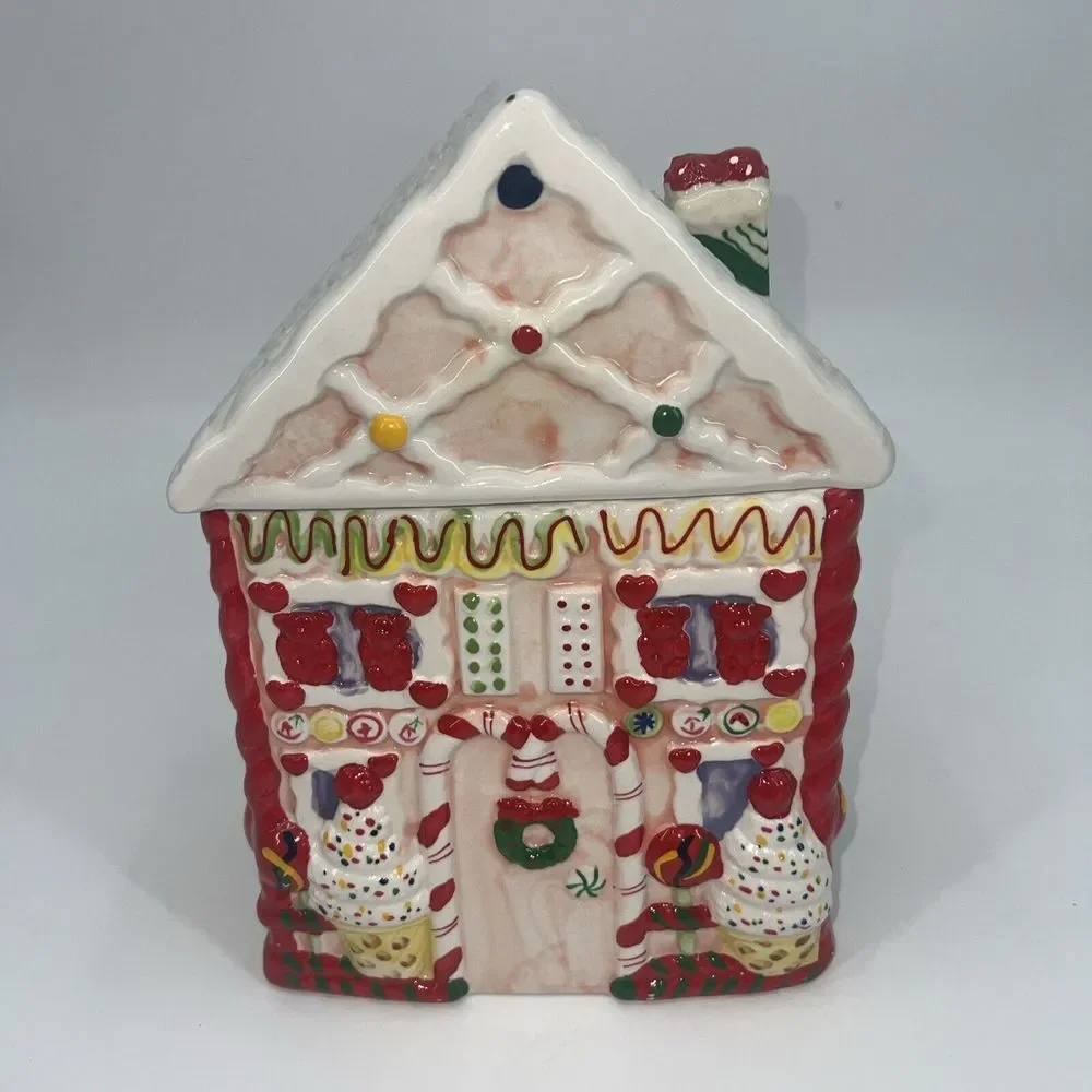 Vintage Candy Gingerbread House Ceramic Cookie Jar Canes‎ Peppermint Christmas